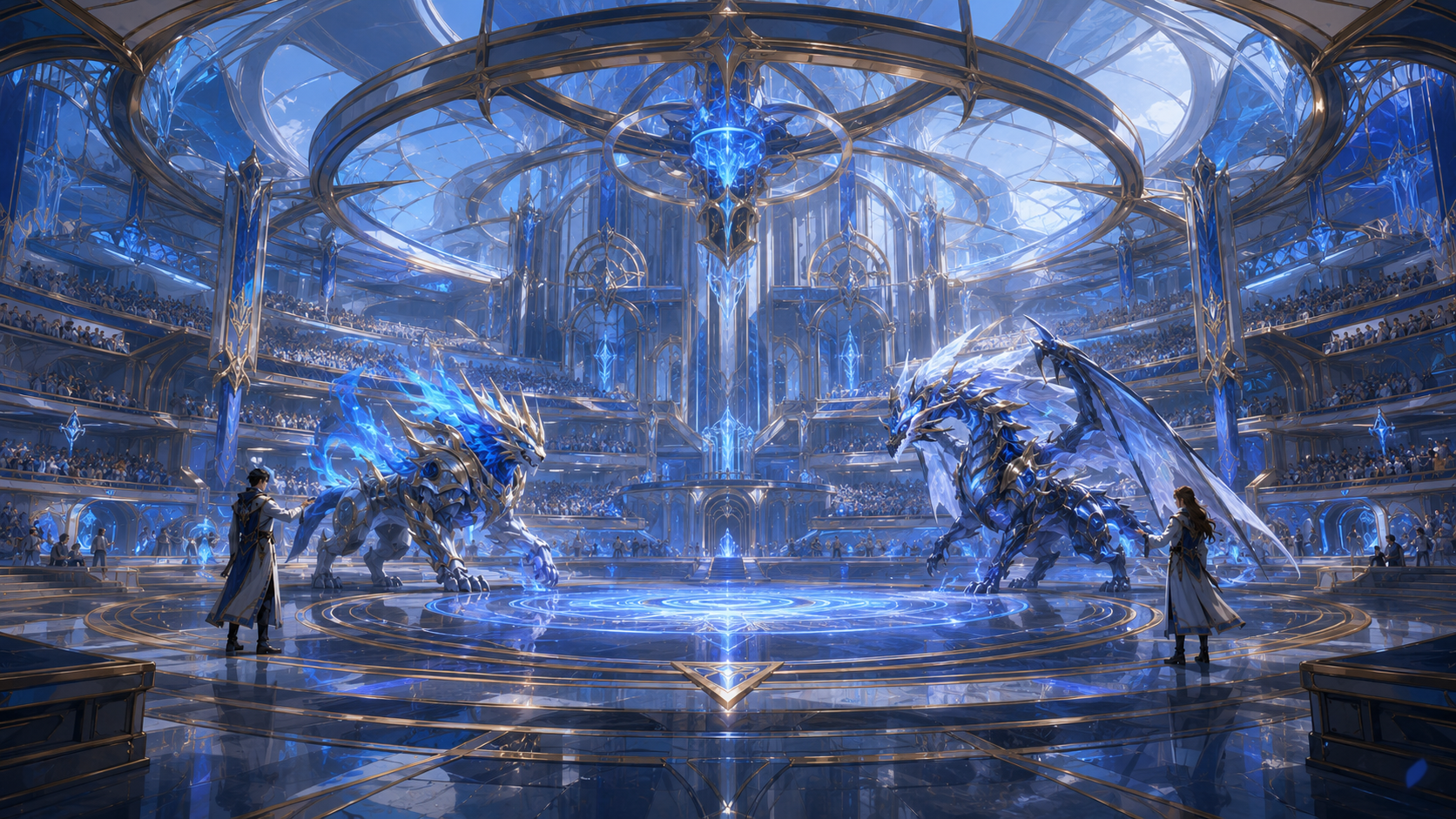 Modern professional arena of the Competitive Circuit with opposing Summoners and manifested Metamonsters facing each other across the field.