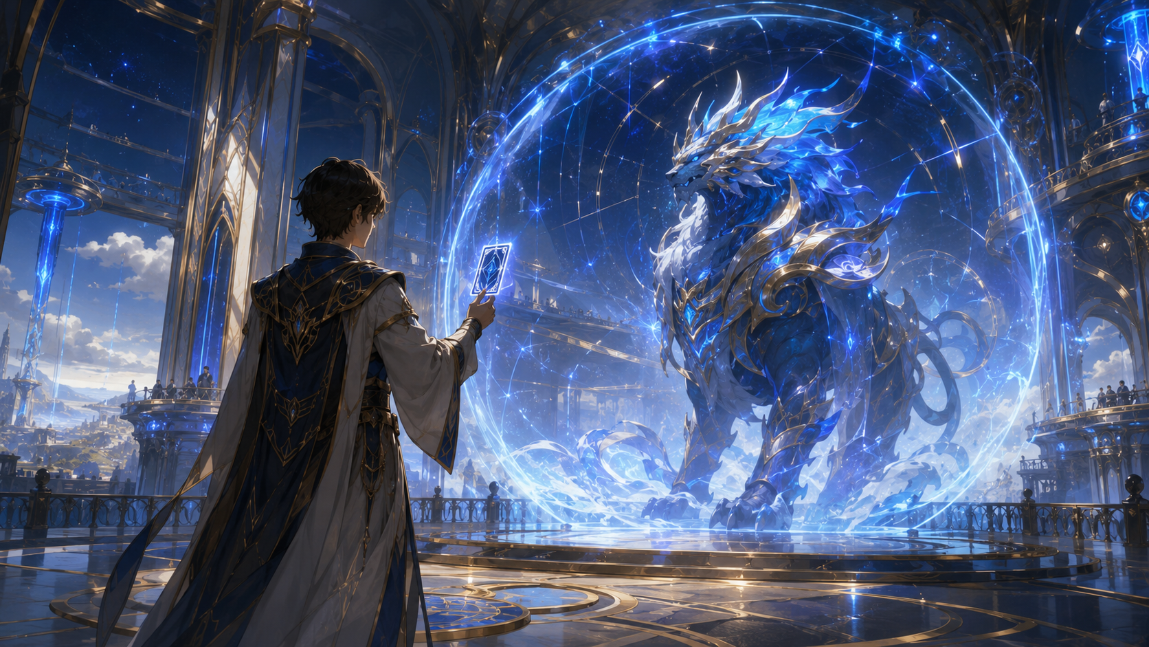 A Summoner stands at the threshold of Mintayn and raises a card as a Metamonster answers through a controlled resonance field.