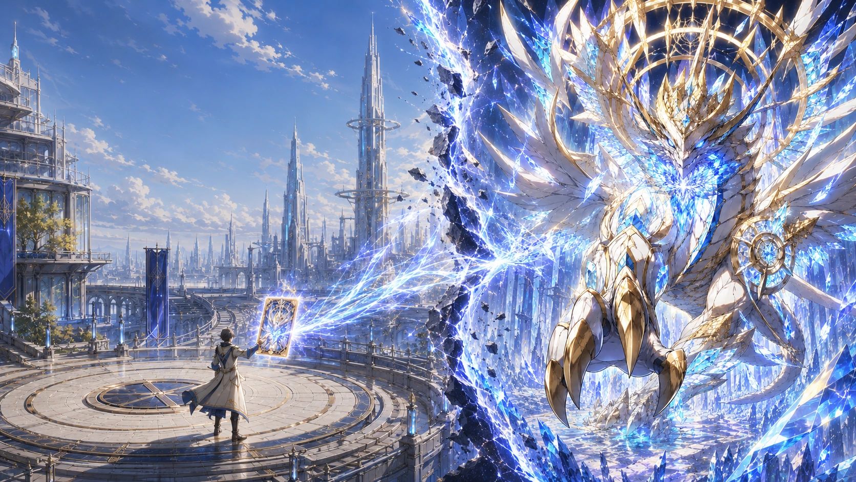 A Summoner uses a card across a visible fracture linking the human world to the Prime Monster from The World Beyond #001 in Mintayn.